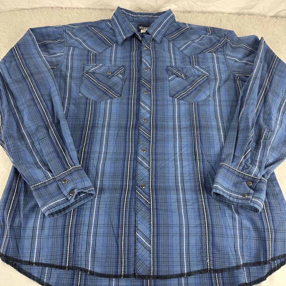 Wrangler Wrancher Shirt Men's XL Blue Black Pearl Snap Western Tall Plaid Long